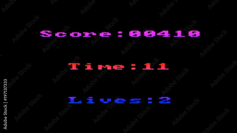 A video arcade game screen detail, showing an increasing score, a decreasing time, and the remaining lives of the player.
A video arcade game screen detail, showing an increasing score, a decreasing time, and the remaining lives of the player.