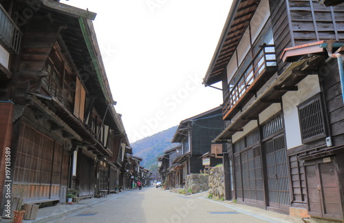Naraijyuku historical house street in Kiso Nagano Japan. Naraijyuku is famous for preserved traditional houses and accommodation. photo