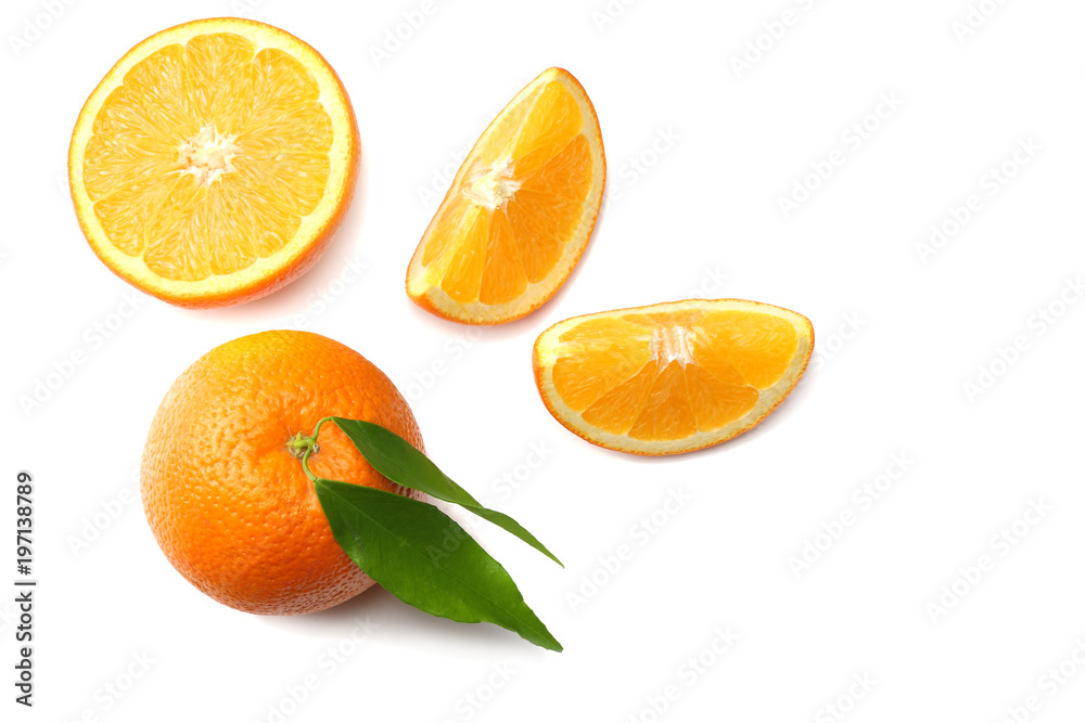 healthy food. sliced orange with green leaf isolated on white background top view healthy food. sliced orange with green leaf isolated on white background top view