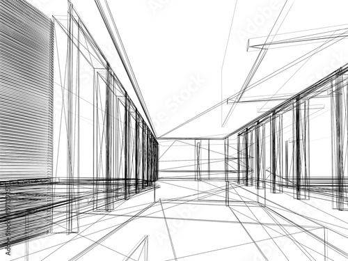 sketch design of interior hall, 3d rendering