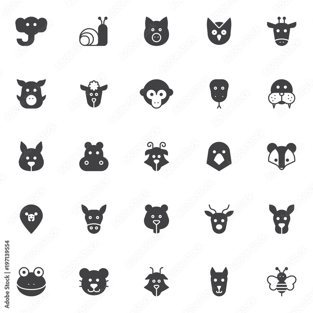 Animals heads vector icons set, modern solid symbol collection, filled style pictogram pack. Signs logo illustration. Set includes icons as elephant head snail, pig, owl, giraffe, boar, sheep, monkeys