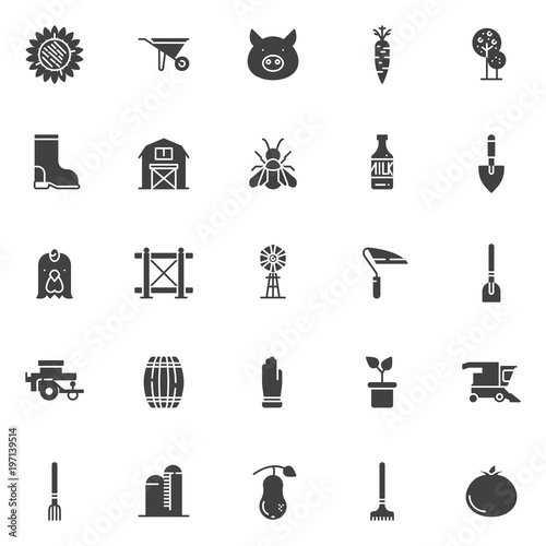 Agriculture elements vector icons set, modern solid symbol collection, filled style pictogram pack. Signs, logo illustration. Set includes icons as sunflower, wheelbarrow, pig head, carrot, tree, barn