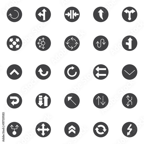 Arrows variety vector icons set, modern solid symbol collection, filled style pictogram pack. Signs logo illustration. Set includes icons as reload, left and straight, close the door, upper connector 