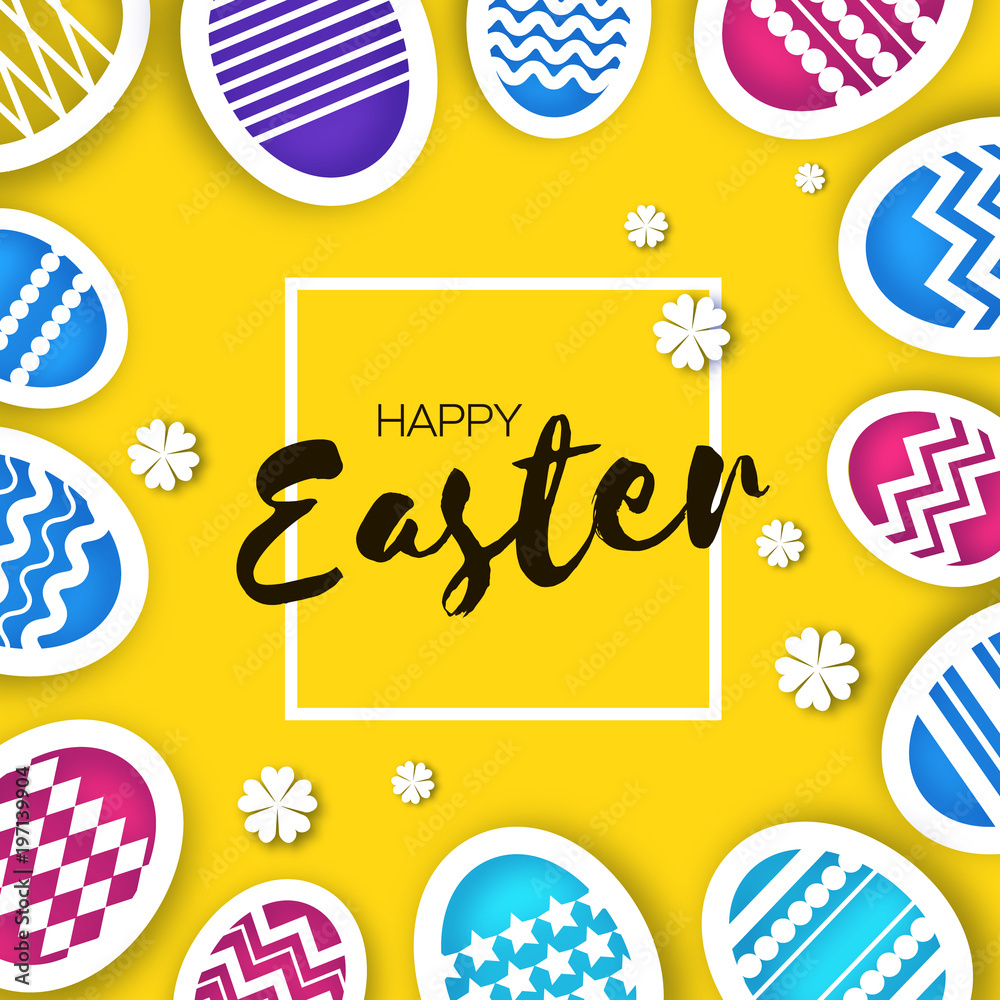 Happy Easter Greetings card. Colorful Eggs in paper cut style. Spring holidays on yellow. Space for text. Origami flower. Nature.