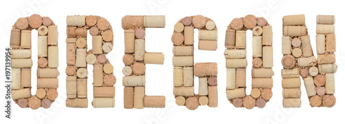 Wine region of USA Oregon made of wine corks Isolated on white background