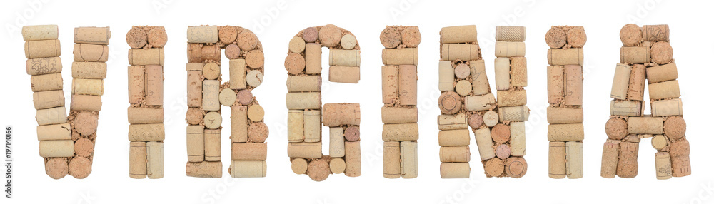 Wine region of USA Virginia made of wine corks Isolated on white background