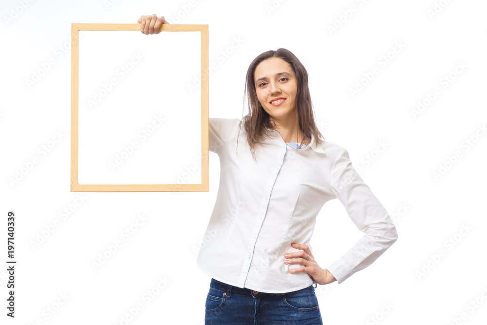 business woman standing behind a blank board on white background business woman standing behind a blank board on white background