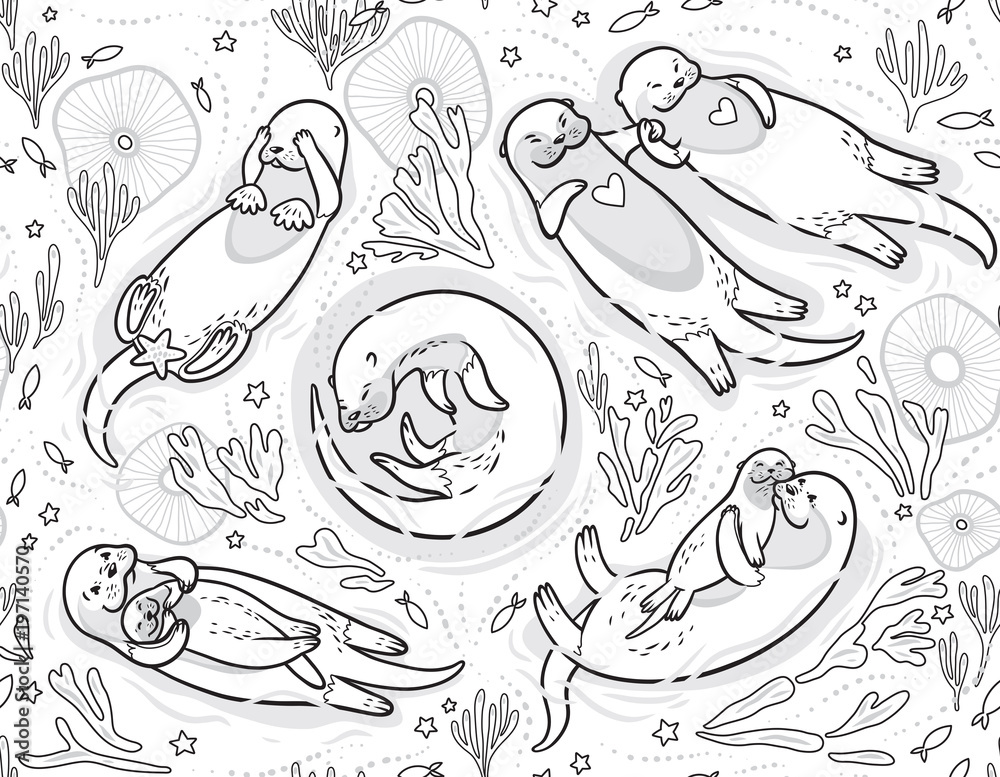 Black and white vector seamless pattern with cute otters in the sea. Decorative background ideal for coloring book