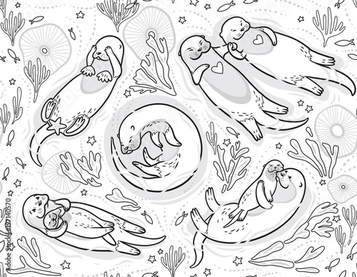 Black and white vector seamless pattern with cute otters in the sea. Decorative background ideal for coloring book