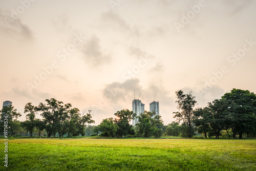 Photography Green grass field with building in Public Park