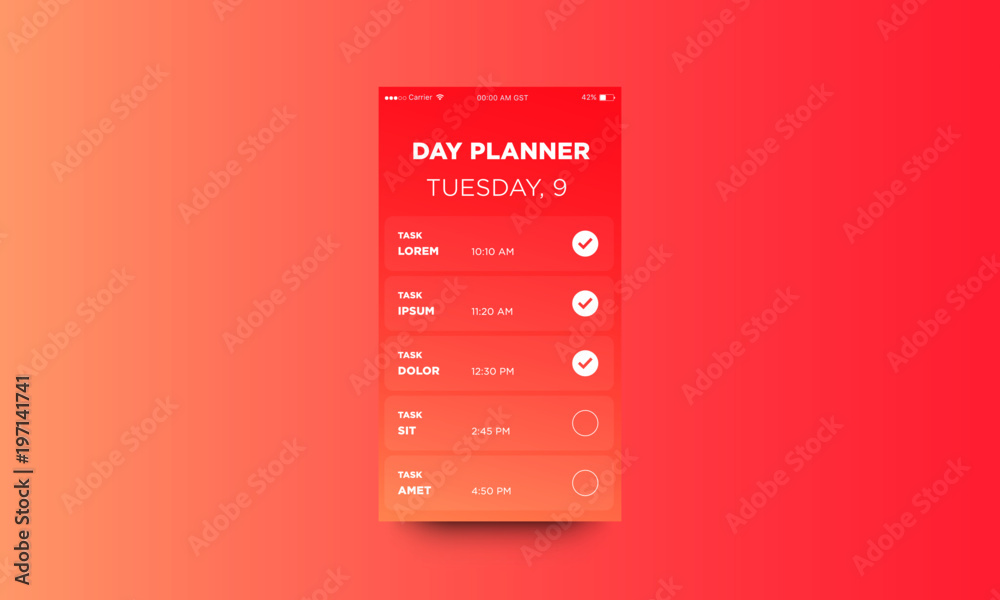 Day Planner App UX UI Design with List of Things To Do and Time Stock