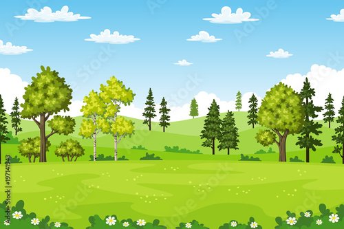 Rual summer landscape with trees and flowers