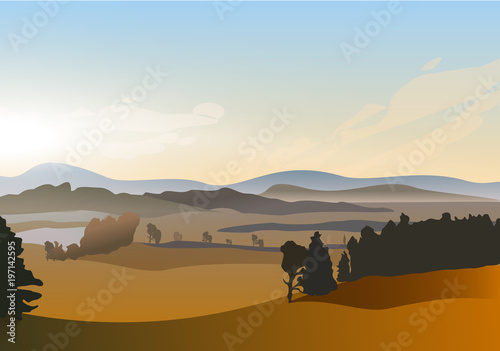Vector winter morning sunrise landscape with pond and hills
