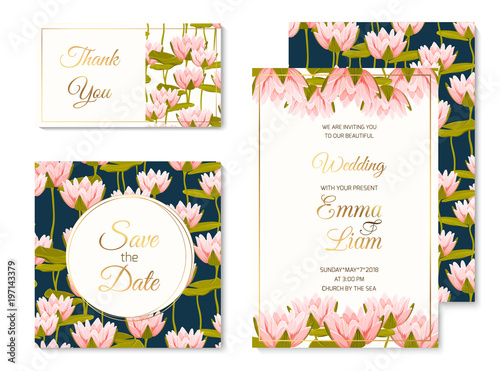 Wedding marriage event invitation card template set. Pink crimson water lilly lotus floral vector design illustration. Pink crimson aquatic plants bloom blossom green lily pad leaves.