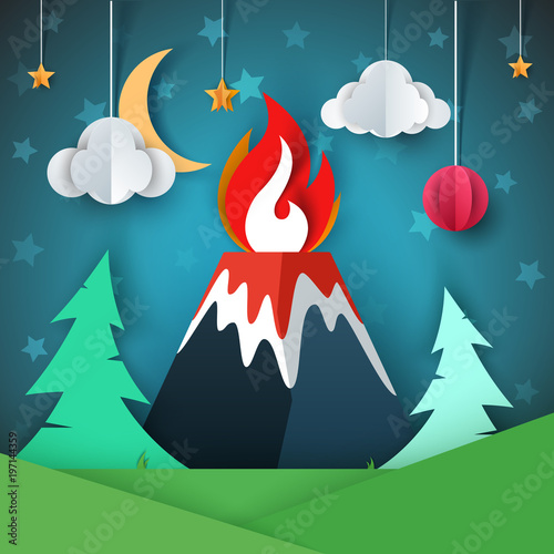Volcano illustration. Cartoon paper landscape. Vector eps 10
