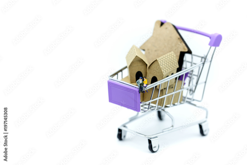 Miniature people : Couple sitting on Shopping Cart with mini house toy.