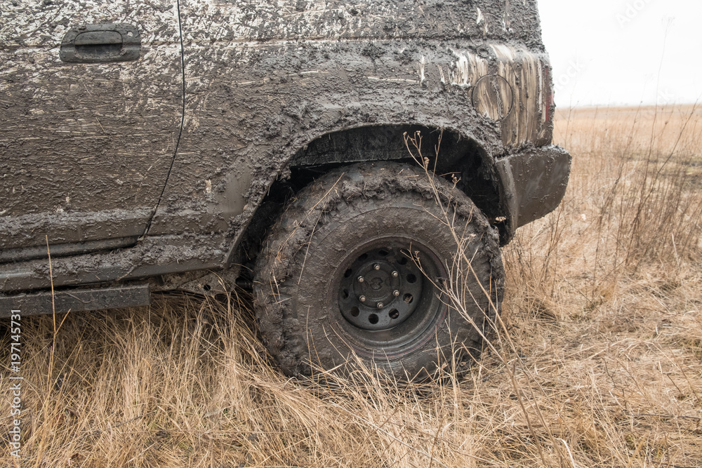 The wheels of the car are soiled in mud and equipped for off-road driving stand in a field with dry grass