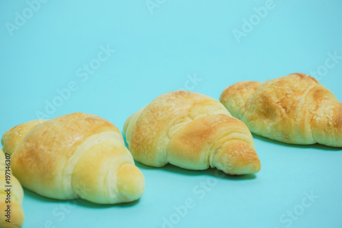 Bread, croissant. パン、クロワッサン 水色背景