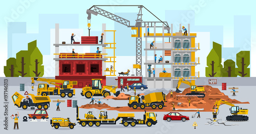 Construction site  the work of a large group of builders  building a house. A set of service vehicle  repair  cars  crane. Vector illustration  a flat style.