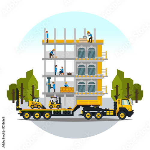 Construction site, the work of a large group of builders, building a house. A set of service vehicle, repair, cars. Vector illustration, a flat style