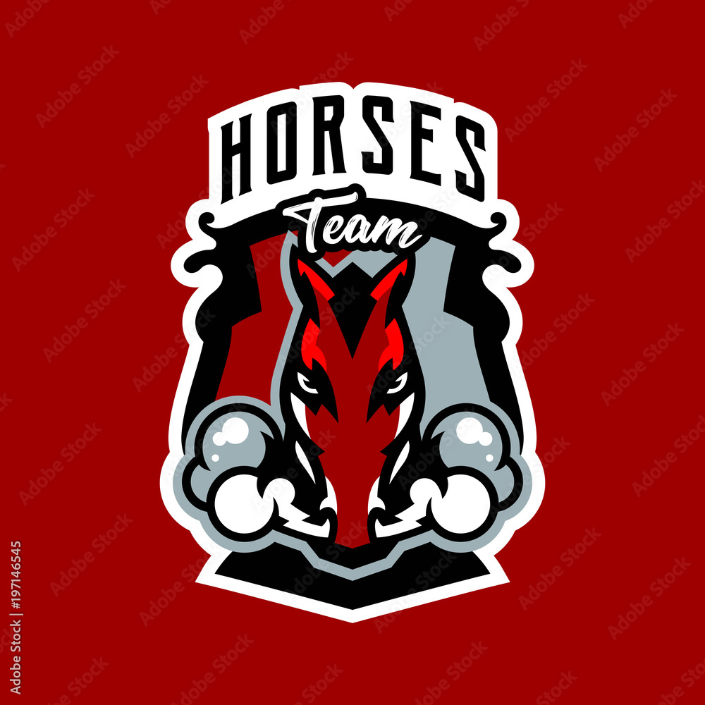 Colorful logo, emblem, horse sticker emitting steam from nostrils. Red stallion, fast animal, racing, shield, lettering. Vector illustration