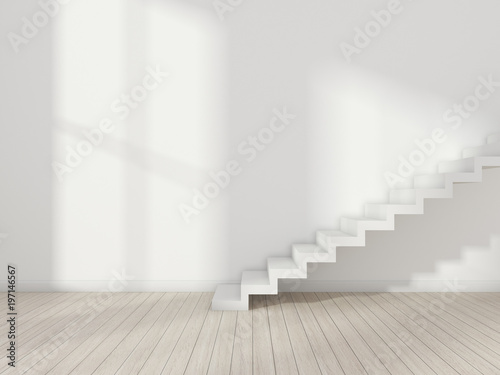 3d rendering of white room with white stair on plank wood floor and sun light cast on the wall