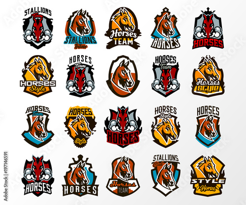 A large colorful collection of emblems, logos, badges of horses, stallion lets out steam from nostrils. Head animal, face, sports club, a mascot, a board, lettering. Vector illustration