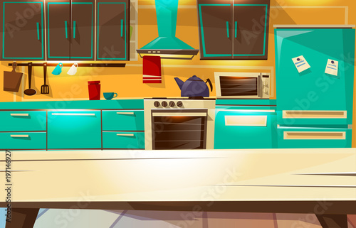 Kitchen interior background vector illustration from dining table view. Cartoon flat design or modern or retro kitchen furniture and appliances refrigerator or cupboard shelf and cooking stove