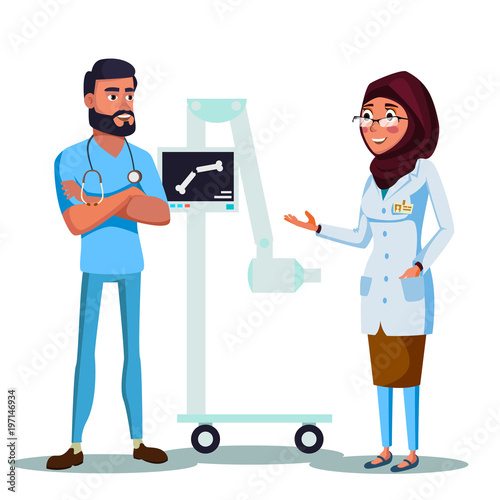 Vector cartoon arab doctors discussing diagnosis looking at x-ray scan near radiography machine. Illustration with Male female arabic radiography specialists, muslim man, khaliji woman on hijab