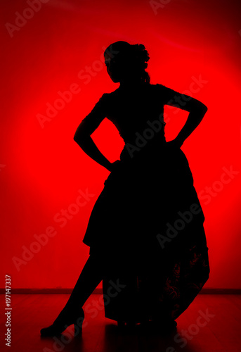 silhouette of spanish girl flamenco dancer on a red background