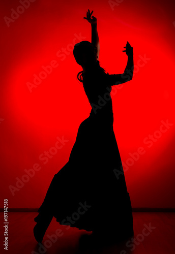 silhouette of spanish girl flamenco dancer on a red background