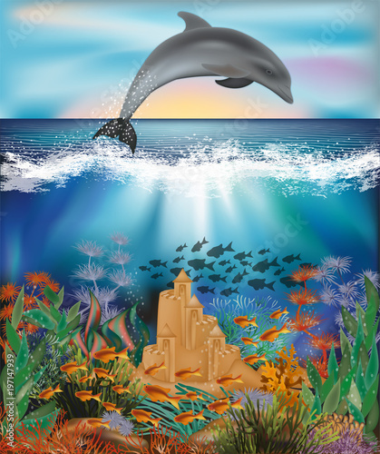 Underwater wallpaper with Dolphin and sand castle, vector illustration