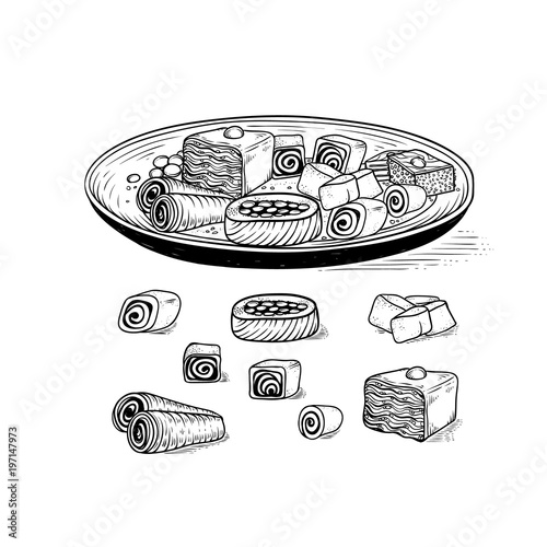 Vector Oriental traditional sweets in range. Dish with variety Asian ethnic confectionery product and desserts baklava Turkish delight nougat. Set sketch drawing engraving style