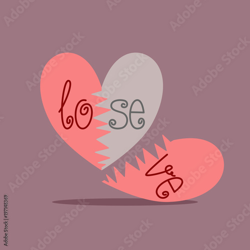 a broken heart with purple background. the word changes from love to lose. opposite concept. vector illustration.