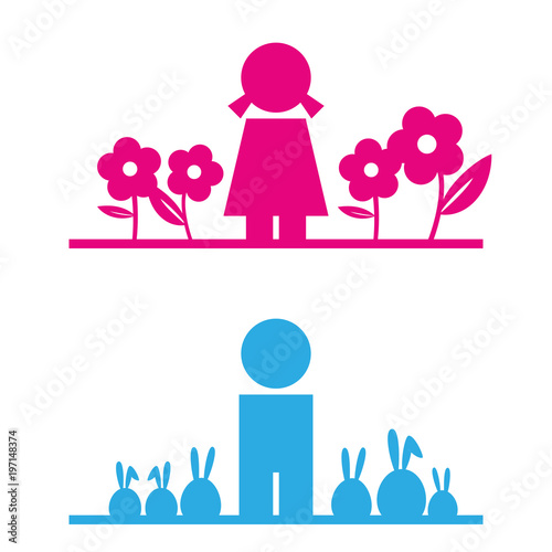 gender symbol; a girl with flower in pink color and a boy with rabbit in blue color. vector illustration.