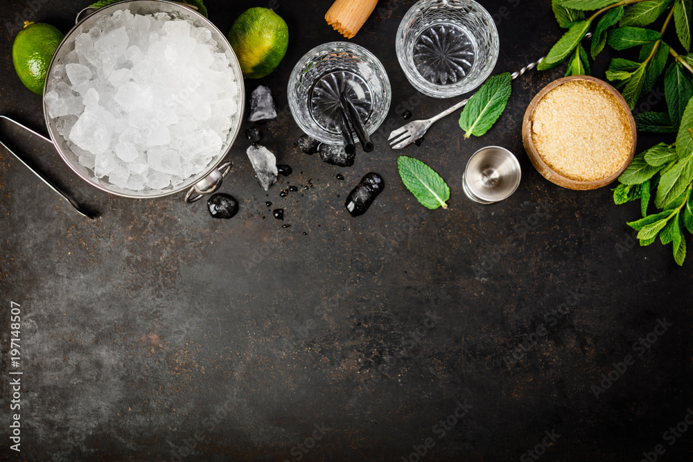 Metal ice bucket and mojito ingredients Metal ice bucket and mojito ingredients