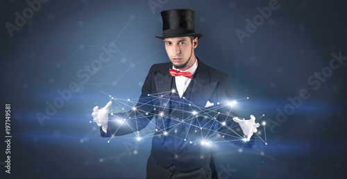 Magician with geometrical connection on his hand