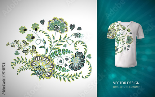 Floral print for t shirt. Vector pattern on t-shirt mock up. Flower arrangement in Chinese style.