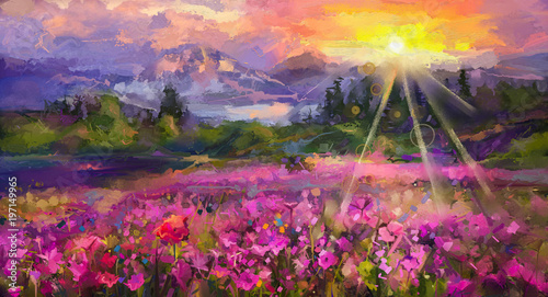 Fototapeta Abstrakcjonistyczny kolorowy obraz olejny kosmosu purpurowy kwiat, rododendronowi kwiaty, wildflower w polu. Fiołek, czerwoni wildflowers przy łąką z wschodem słońca i niebieskie niebo. Wiosna, lato sezon natura tło