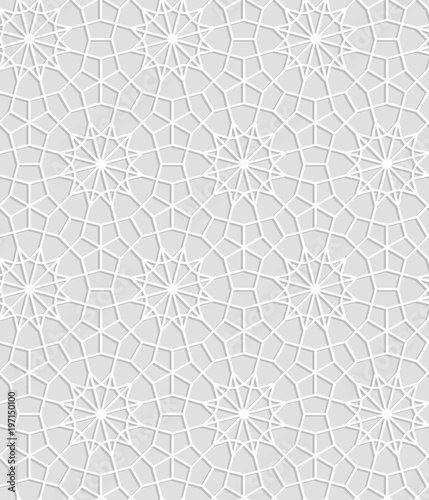 Gray and white geometric crochet lace circle stars seamless pattern, vector