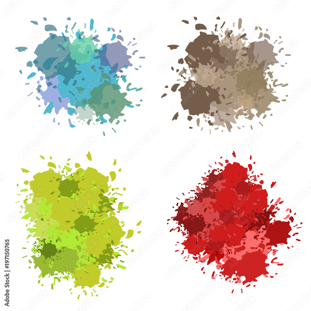 Vector set of colorful ink splashes, ink blots. Splatter collection.