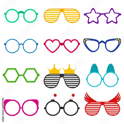 Vector party sunglasses or eyeglasses set in funny shape. Accessories for hipsters fashion optical spectacles eyesight view. Colorful sunglasses icon set in flat style isolated on white background