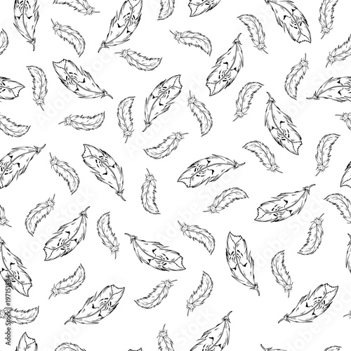 Seamless pattern with black graphic feathers on white background. Hand drawn vector ink illustration.