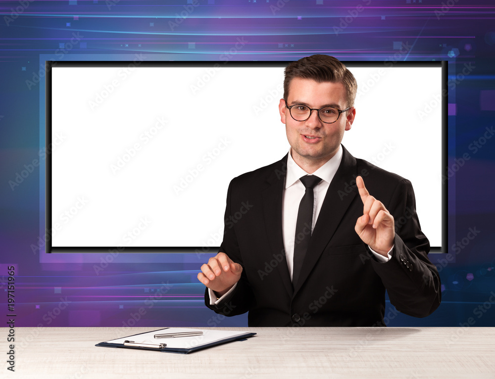 Television program host with big copy screen in his back Television program host with big copy screen in his back