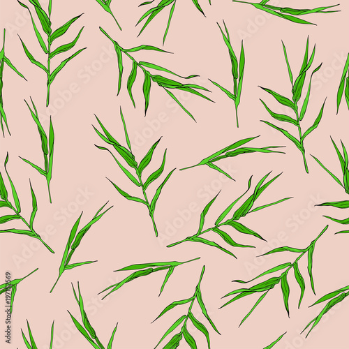 Seamless pattern with green grass on pastel beige background. Hand drawn vector illustration.