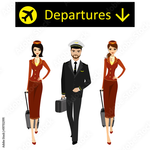 Caucasian or arab Pilot and two flight attendants in the uniform of walking photo
