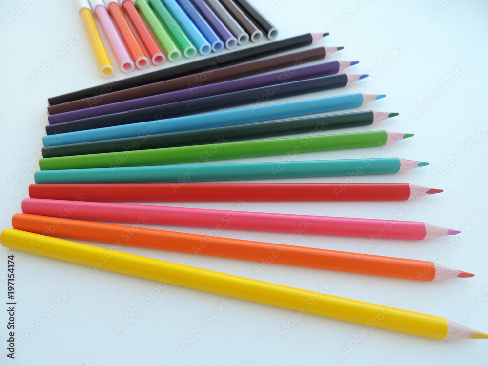 colored pencils, felt pens, plasticine on white background colored pencils, felt pens, plasticine on white background