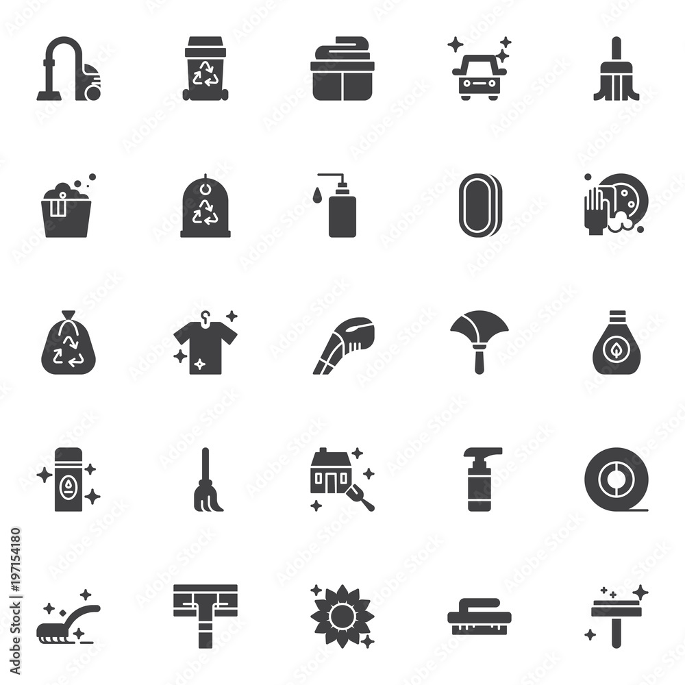 Cleaning vector icons set, modern solid symbol collection, filled style pictogram pack. Signs, logo illustration. Set includes icons as vacuum cleaner, recycle bin, clean clothes basket, clean car Cleaning vector icons set, modern solid symbol collection, filled style pictogram pack. Signs, logo illustration. Set includes icons as vacuum cleaner, recycle bin, clean clothes basket, clean car
