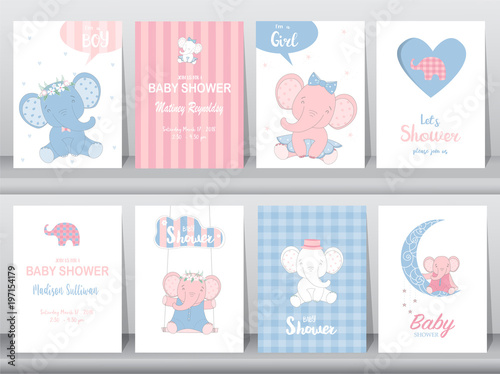Set of baby shower invitations cards,birthday card,elephants, poster, greeting, template, animals, Vector illustrations 