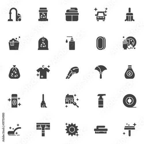 Cleaning vector icons set, modern solid symbol collection, filled style pictogram pack. Signs, logo illustration. Set includes icons as vacuum cleaner, recycle bin, clean clothes basket, clean car